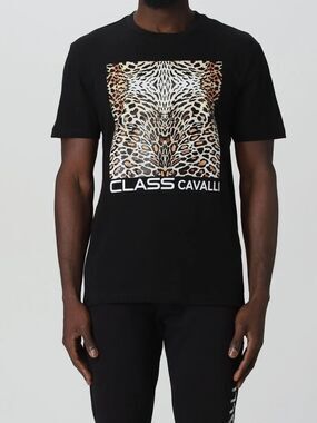 Cavalli Class Black Tee with Leopard Graphic Panel, L
